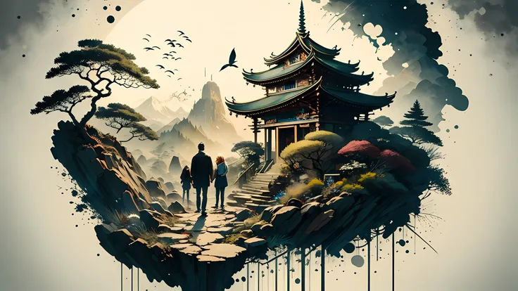 Absurd, high resolution, ultra-detailed, (1 girl:1.3), broken, design a beautiful temple scene, intricate architecture, lush gardens, and a sense of peace and spirituality. Broken, creating an image of a destructive demon with terrifying features, dark pow...
