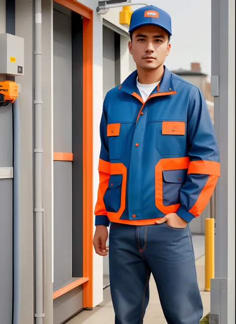 property industry, electrician, workwear series, fabric, color blue, orange, style with technological design