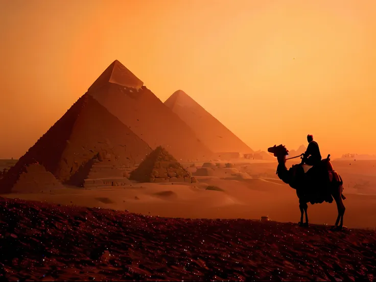 arabe riding a camel in front of the pyramids of giza, pyramids of egypt, ruins of the pyramid at sunset, egypt, egyptian landsc...