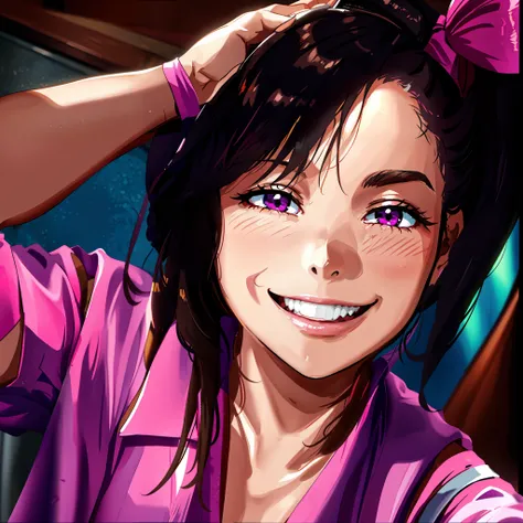smiling woman in a pink shirt holding her hair up, charming smile, 30 year old woman, she is smiling, beautiful and smiling, with a beautiful smile, black hair,