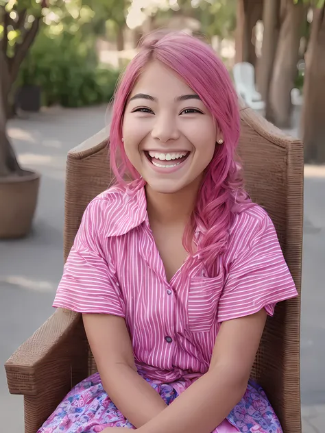 smiling girl with pink eye makeup sitting in a chair outside, joyful look, insane smile, with a beautifull smile, looking toward...