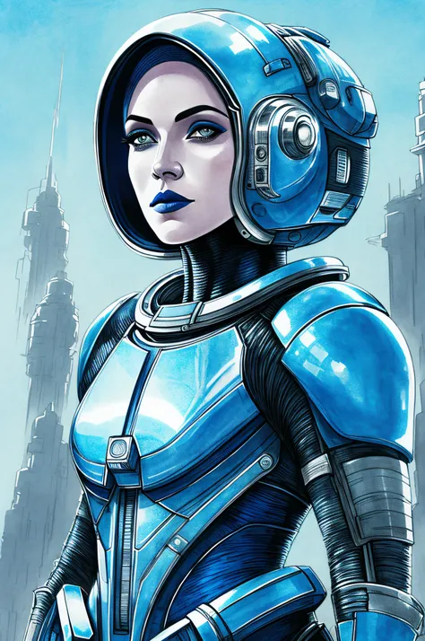 portrait of 1 beautiful woman, pale skin, blue short hair, blue lips, 
spacesuit, complex background, city 
futuristic egypt,  d...