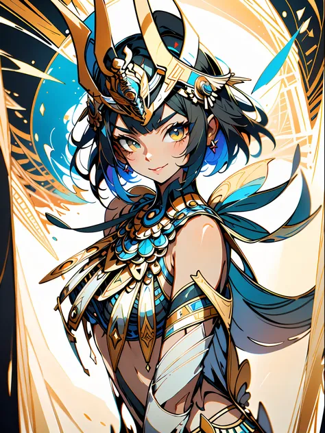 egyptian warrior with tiny and colorful clothes, full body, sensual, mischievous smile, short black hair