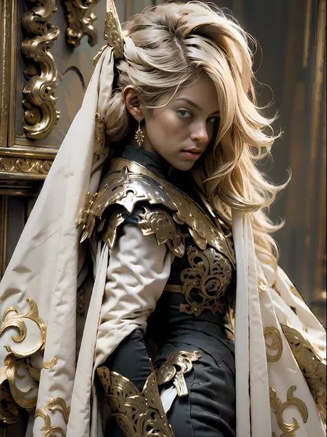 ((Best quality)), ((masterpiece)), (highly detailed:1.3),3D,1girl, very long hair, elite Mecha paladin,royal house guard,beautiful female wearing intricate ceremonial armor,perfect breastm,
walk on the stairs, golden cape, military mecha parade in backgrou...
