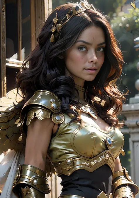 ((Best Quality)), ((Masterpiece)), (Very Detailed: 1.3), 3D, 1girl, very long hair, elite Mecha paladin, royal house guard, beautiful woman in intricate ceremonial armor, perfect chest, walking on the stairs, golden cloak, military mecha parade in the back...