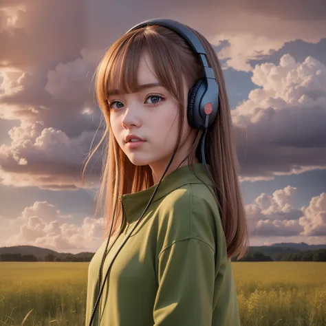 an anime girl wearing headphones and standing in a field, in the style of realistic hyper-detailed portraits, cabincore, earthy ...