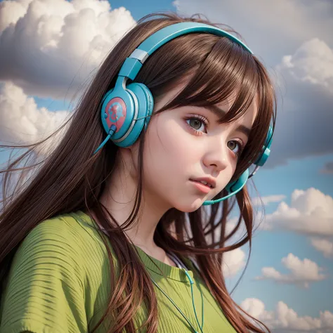 an anime girl wearing headphones and standing in a field, in the style of realistic hyper-detailed portraits, cabincore, earthy ...