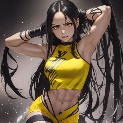 hayate nagatoro, long straight hair, crouched in the dressing room with her hands behind her head, bright yellow eyes, gothic ma...