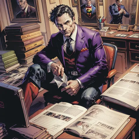 batman sitting in a chair with a book and a glass of wine, dc comics art style, portrait of the joker, portrait of joker, in bat...