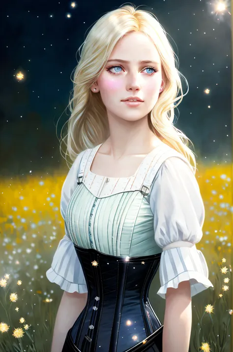 closeup portrait of a cute blonde elsa in a bright windy field, (backlighting), realistic, masterpiece, highest quality, ((corse...