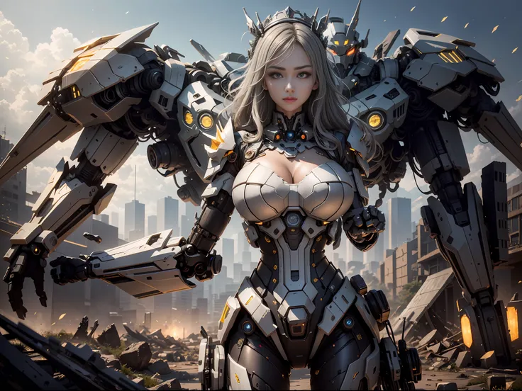((Best Quality)), ((Masterpiece)), (Very Detailed: 1.3), 3D, Shitu-mecha, Beautiful cyberpunk woman wearing crown with her mecha in ruins of a city in forgotten war, long silver hair, sci-fi technology, HDR (High Dynamic Range), ray tracing, nvidia RTX, su...