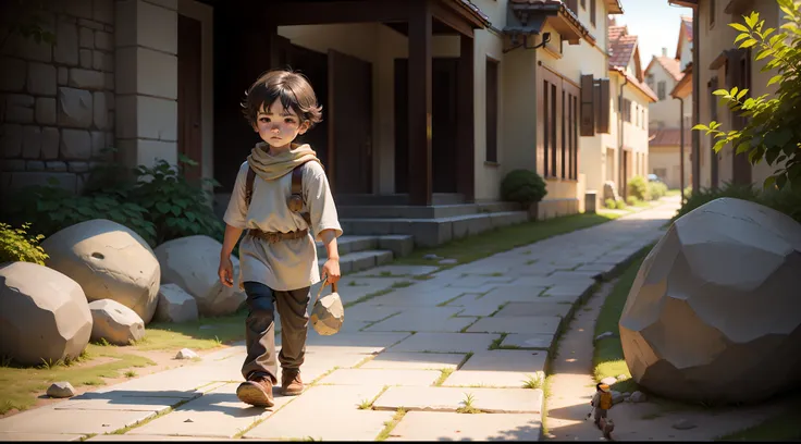 child walking with a stone in his hand