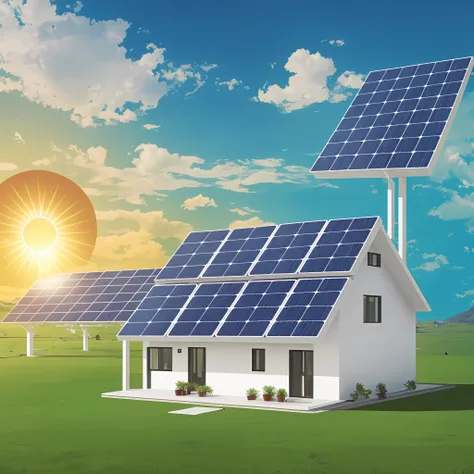 a house with a solar panel on top of it and a sun behind it, solar, webdesign icon for solar carport, rooftop solar panels, sola...