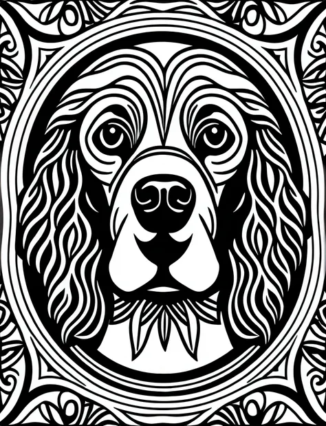 an american cocker spaniel style dog, fantasy, magical, mandala, happy, black and white, equal wavy lines, realistic line art dr...