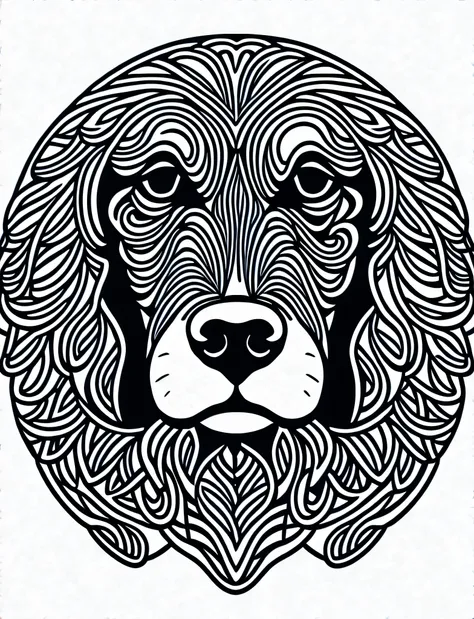 an american cocker spaniel style dog, fantasy, magical, mandala, happy, black and white, equal wavy lines, realistic line art dr...