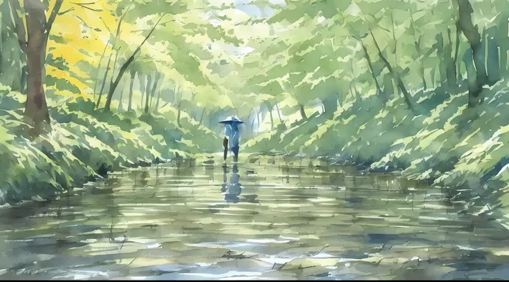 Wet trunks In the yellowness of the foliage, puddles, lonely girl, Watercolor drawing --auto --s2