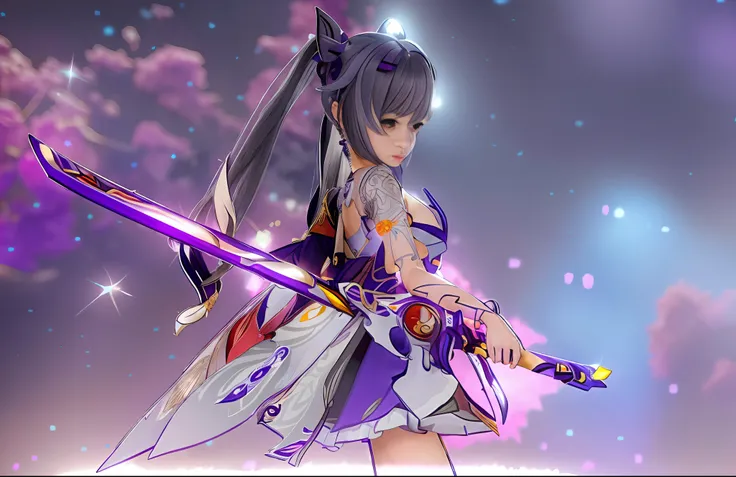 woman in blue dress holding sword in front of purple background, ayaka genshin impact, genshin impact kechin, genshin impact cha...