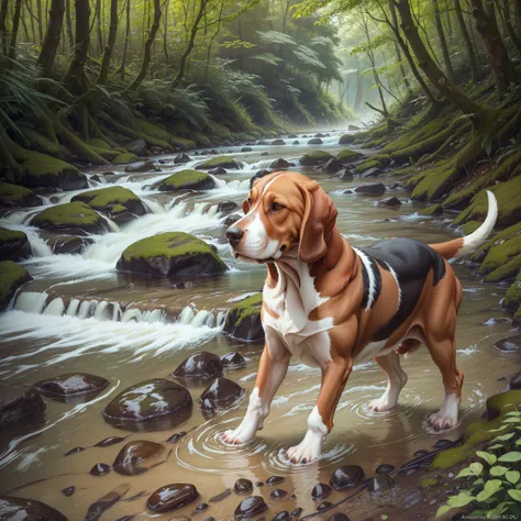 basset hound walking next to a river with clear water landscape and transparent ultra realistic 4k photo