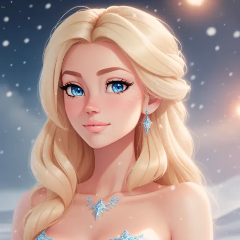 ((in disney style)) (character: elsa) queen dress girl, (upper body shot), shiny skin, ((pale skin)), medium breast, blush,(stun...