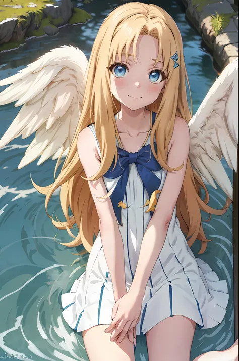 filo, anime style girl, upper body, 1girl, solo, happy, white wings, hite dress, blue bow, long hair, blue eyes, looking at view...