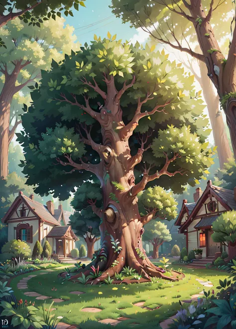 Large tree in the middle of the garden in the backyard of a house, lineart, illustration, best quality, masterpiece, ultra high resolution, perfect quality, clear focus, (masterpiece: 1.2) (Realistic: 1.2) (Bokeh) (Best quality) (Intricate details) (8K) (S...