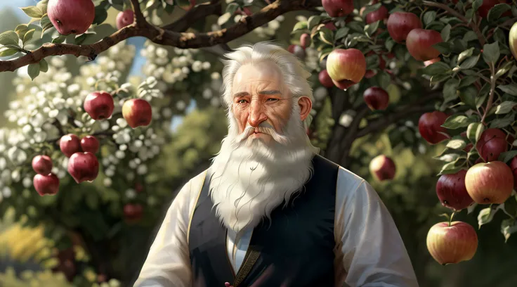 arafed man with a long white beard standing in front of a tree with apples, long white beard, full white beard, long white hair and white beard, neat white beard and hair, white hair and white beard, white beard, by Alexander Kucharsky, very long white bea...