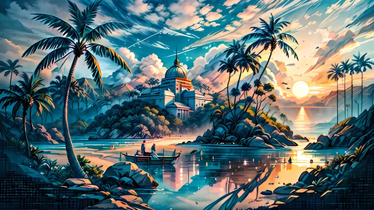 There is a view of a beach with palm trees and a body of water, tropical landscape, tropical beach paradise, tropical beach, on a tropical beach, beautiful tropical island beach, tropical location, beautiful breathtaking beach, beach and tropical vegetatio...