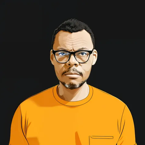 guttonerdvision5, drawing of a man with glasses, front view, looking at the camera, portrait, (minimalist: 1.3), vector, few colors, (black background: 1.3)