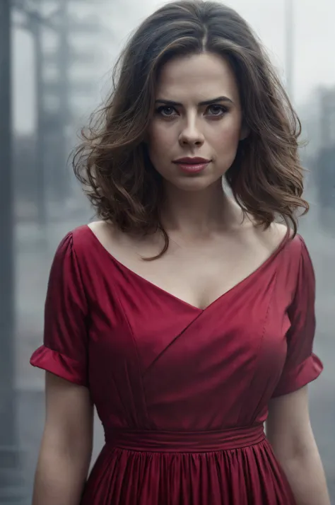 (Thirty year old) woman, standing in the rain, wearing a (long bright red dress:1.2), dreamy photo, dramatic pose, looking straight at camera, intense stare, slight smile, portrait, beautiful landscape, misty, painting by andre kohn. Hayley Atwell, intrica...