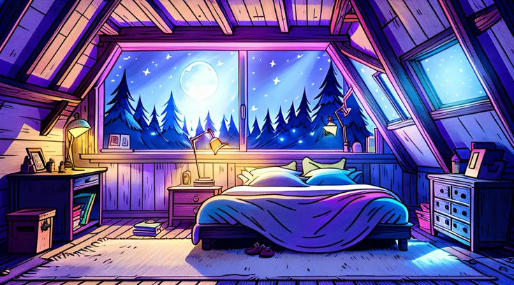 a cozy bedroom at night, moonlight shining through the window, detailed illustration, cartoon, in the style of gravityfalls,