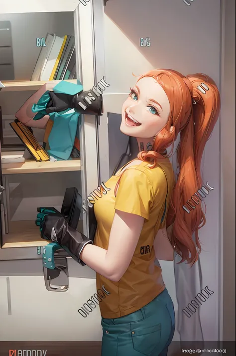 sonia side ponytail heart hair ornament eyewear on head, working as a janitor, pretty, tight yellow janitor jumpsuit