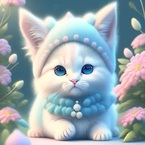 in this ultra-detailed cg art, the adorable kitten surrounded by floral flower, pastel and neon colors, best quality, high resol...