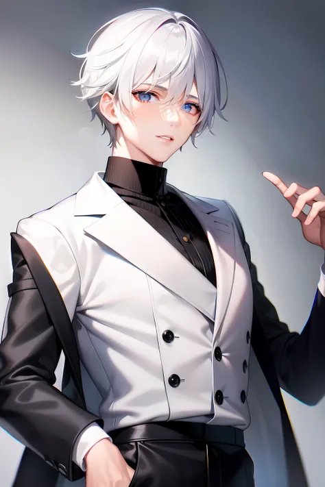 young man, handsome face, professional singer, anime, melancholy eyes, white hair,