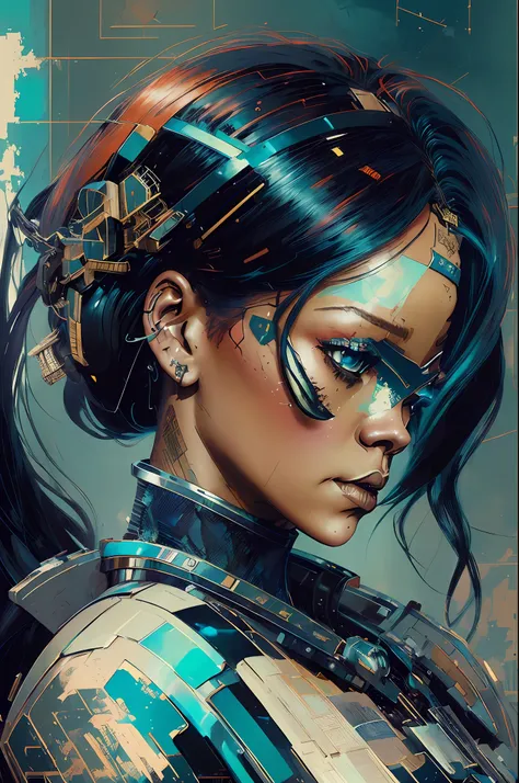 ((portrait of the goddess rihanna cyberpunk mecha in the style of the zero dawn horizon, face of the machine)), (symmetry), (sym...