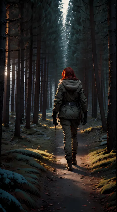 Red-haired woman walking in a forest in the woods at winter at night with a flashlight in hand in a square, back, military winter outfit outfit, 8k, octane render, greg rutkowski