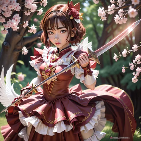 a close up of a woman in a red dress holding a sword, sakura from cardcaptor sakura, cardcaptor sakura, anime girl cosplay, anim...