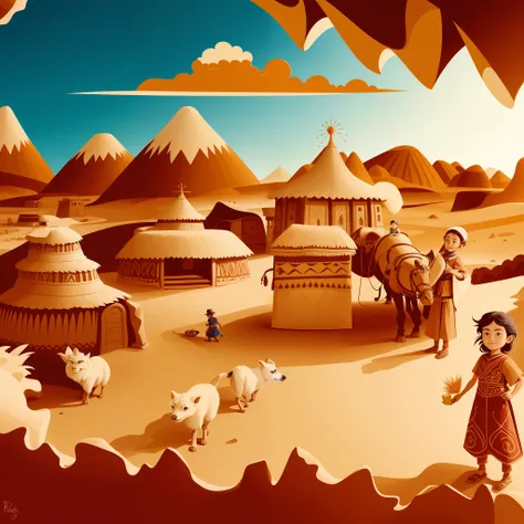 there is a cartoon picture of a woman and a child in a desert, a beautiful artwork illustration, stylized digital illustration, ...