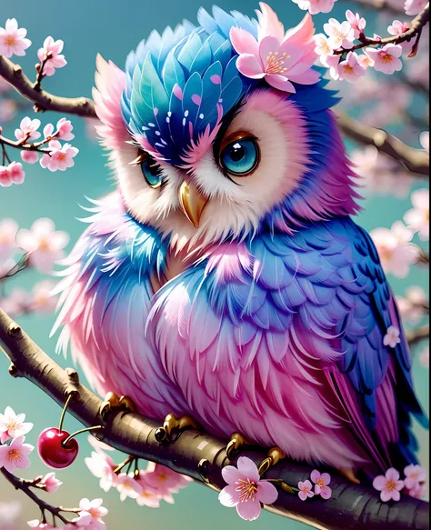 (cluster of cherry blossoms:1.2),[cute owl,fantasy:1.2],(pink feathers:1.1+blue feathers+green feathers),light blue eyes,perched...