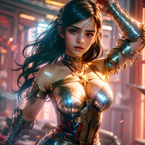 Emma Watson with Wonder Woman Outfit, Angry Face, BDSM, Superheroine, Rubber, Corset, Bondage, Necklace, NSFW, ((Best Quality, 8K, Masterpiece: 1.3)), Sharp Focus: 1.2、(Layer Cut, Large: 1.2), Beautiful Woman with Perfect Figure: 1.4、Slender Abs: 1.2、Wet B...