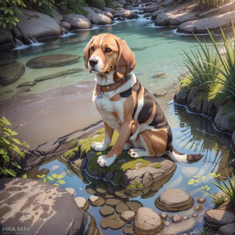 beagle harrier sitting next to the river of clear water and transparent sunset photo ultra realistic 4k