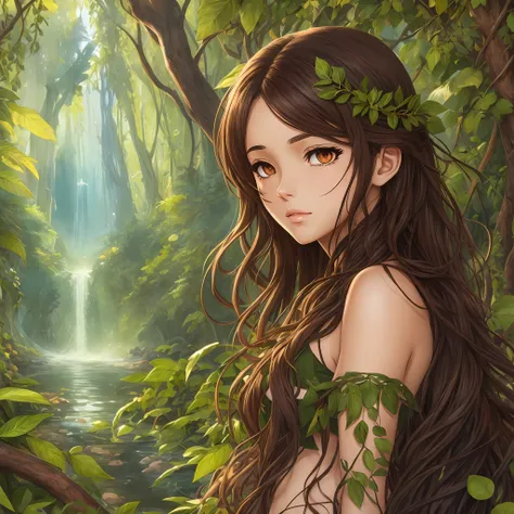 eve garden of eden, with foliage around body (forest) anime body set freighter (attractive, deep eyes) wavy hair and dark brown ...