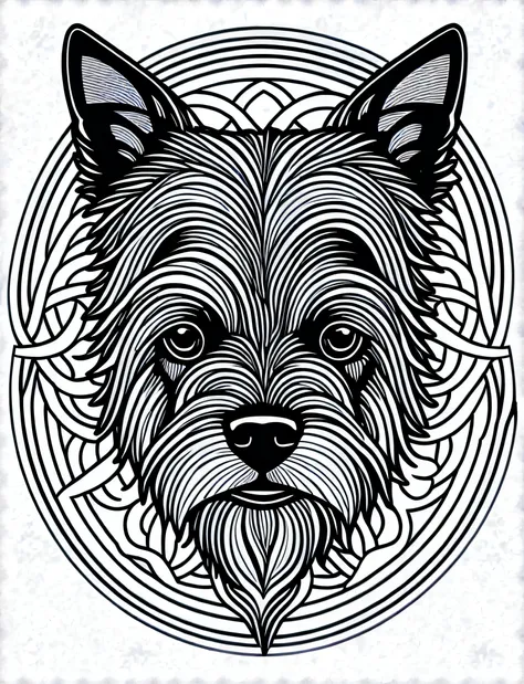 a dog style cairn terrier, fantasy, magical, mandala, happy, black and white, wavy lines equal, realistic line art drawing, colo...