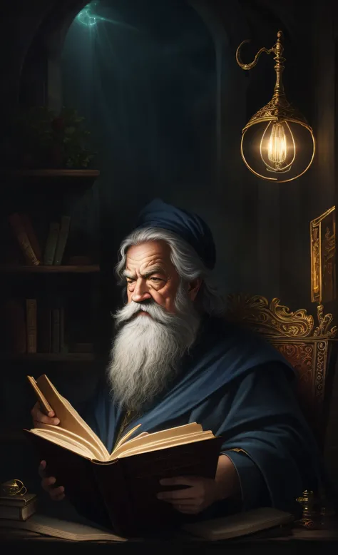 realistic, masterpiece, best quality, wise old wizard reading book, grumpy lighting, brightness, bright, mysterious, mystical, magical, rim lighting