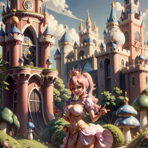 peach princess, princess peach, super mario bros princess, super mario bros game princess, short skirt, bikini covering breasts, breasts with bikini, wearing short skirt smiling for camera, in front of mushroom kingdom castle, mushroom castle, super mario ...