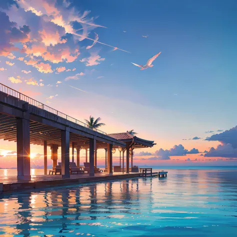 Absolutely mesmerizing sunset on the beach with a mix of oranges, pinks and yellows in the sky. The water is crystal clear, gently kissing the shore, and the white sand is endless. The scenes are action-packed and breathtaking, with seagulls soaring high i...