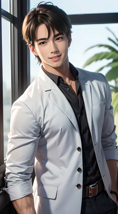(handsome muscular man), handsome muscular high school man in the classroom of high school, he wears high school uniform and a jacket, mischievous smile, (details: 1 1), natural muscles, high quality, beautiful eyes, (detailed face and eyes), ( No face: 1...