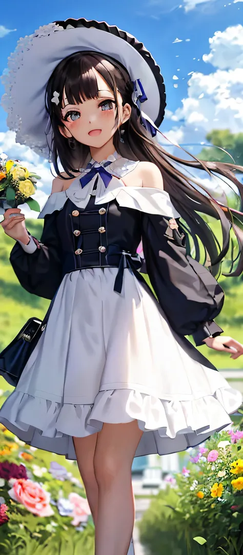 anime girl in a white dress and black hat holding a bouquet, cosplay of a catboy! maid! dress, maid dress, maid outfit, anime gi...