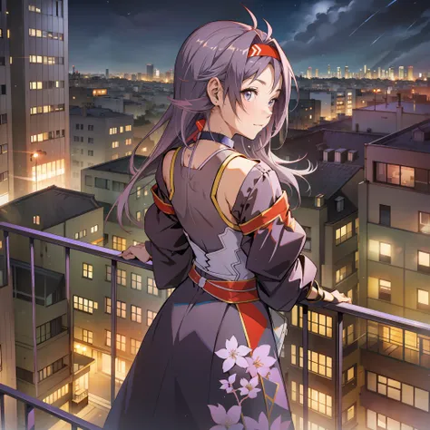 girl, back, anime, on a balcony of a building, looking at the city, night