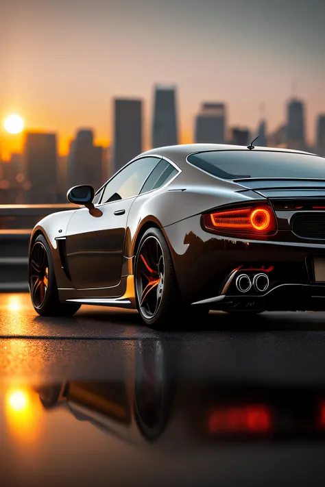 low angle, professional photo of a luxury car, water reflection, sunset, city in the background, road, bokeh, (light shot:1.5), (hi key:1.5), cinematic, fine details, 8k, (ambient lighting:1.3), (ArtStation:1.3)