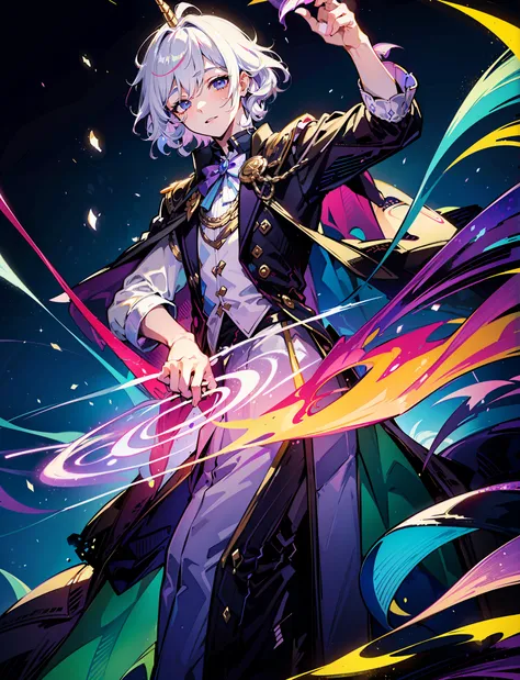 ((masterpiece)),(((best quality))),((character sheet,same character,front, side, different expressions, character design)),illustration,1 boy,a young Man,male,curly hair,hair on eyes,silver hair,beautiful eyes,environment Scene change, pose too, purple col...